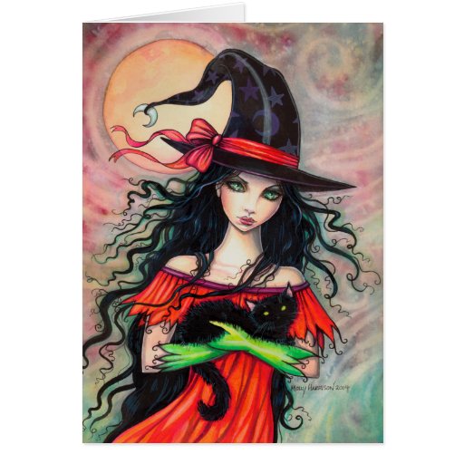 Halloween Witch and Black Cat Fantasy Art Card | Zazzle