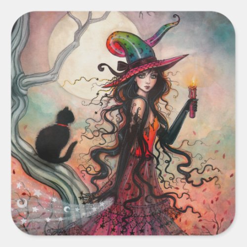 Halloween Witch and Black Cat Fantasy Art Square Sticker