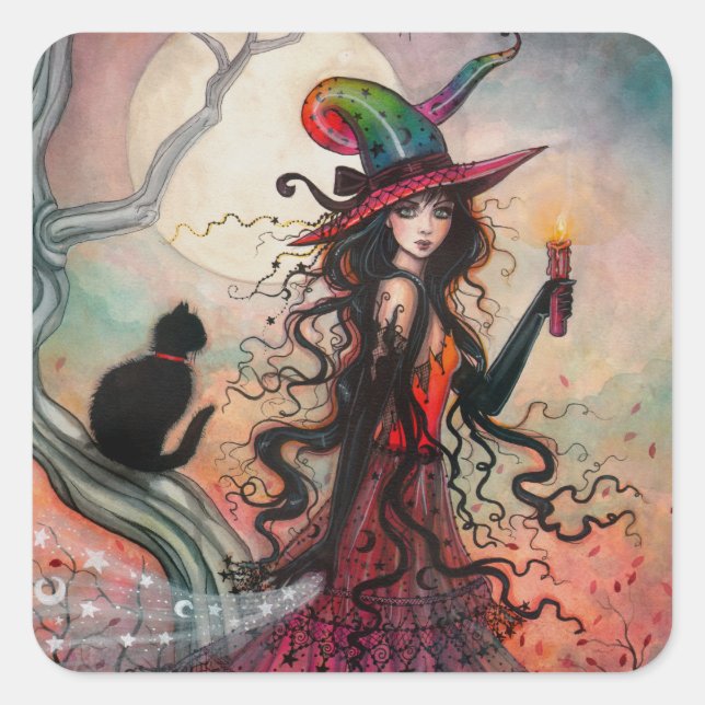 Halloween Witch and Black Cat Fantasy Art Square Sticker (Front)