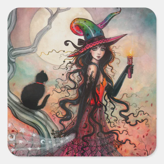 Halloween Witch and Black Cat Fantasy Art Square Sticker | Zazzle