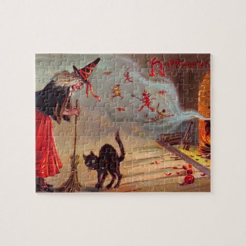 Halloween Witch and Black Cat Jigsaw Puzzle