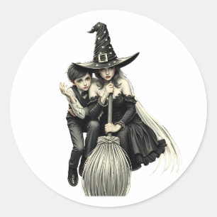 Halloween Witch and Boy: Dark Magic Duo Classic Round Sticker