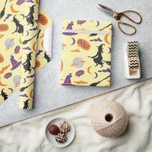 Halloween Witch and Broom Seamless Wrapping Paper