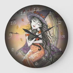 Halloween Witch and Cat Fantasy Art Clock
