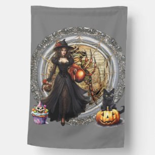 Halloween Witch And Cat House Flag