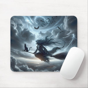 Halloween Witch and Cat On a Broom Mouse Pad
