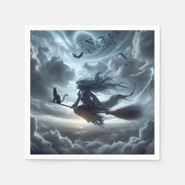 Halloween Witch and Cat On a Broom Napkins (Front)