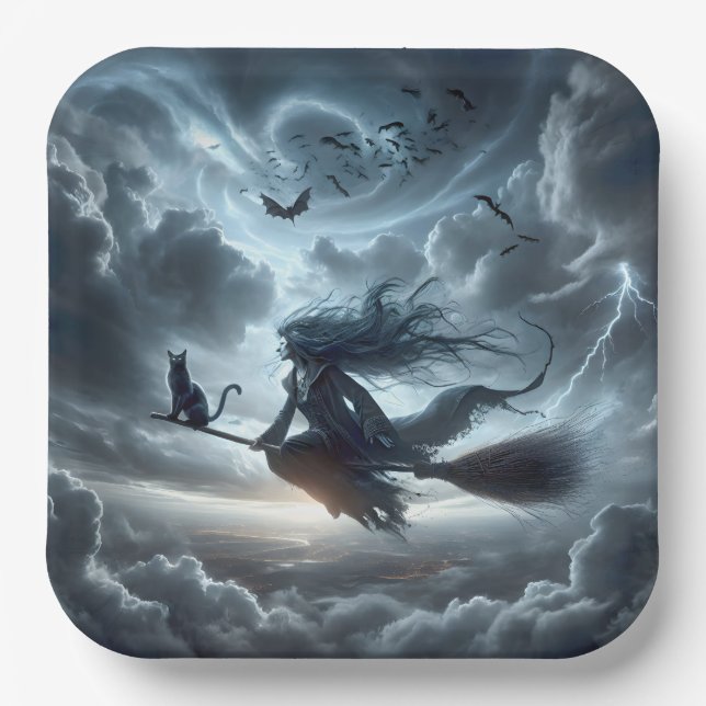 Halloween Witch and Cat On a Broom Paper Plates (Front)