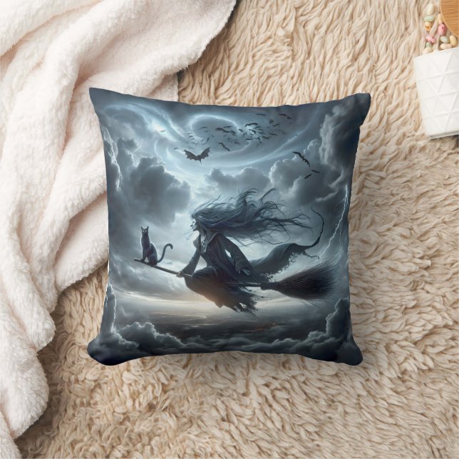 Halloween Witch and Cat On a Broom Throw Pillow (Blanket)