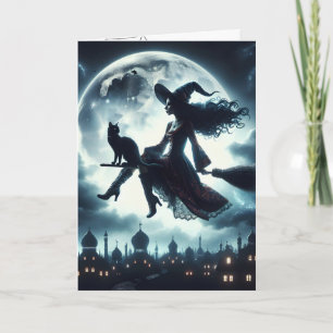Halloween Witch and Cat On a Broomstick Card