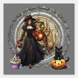 Halloween Witch And Cat Sign