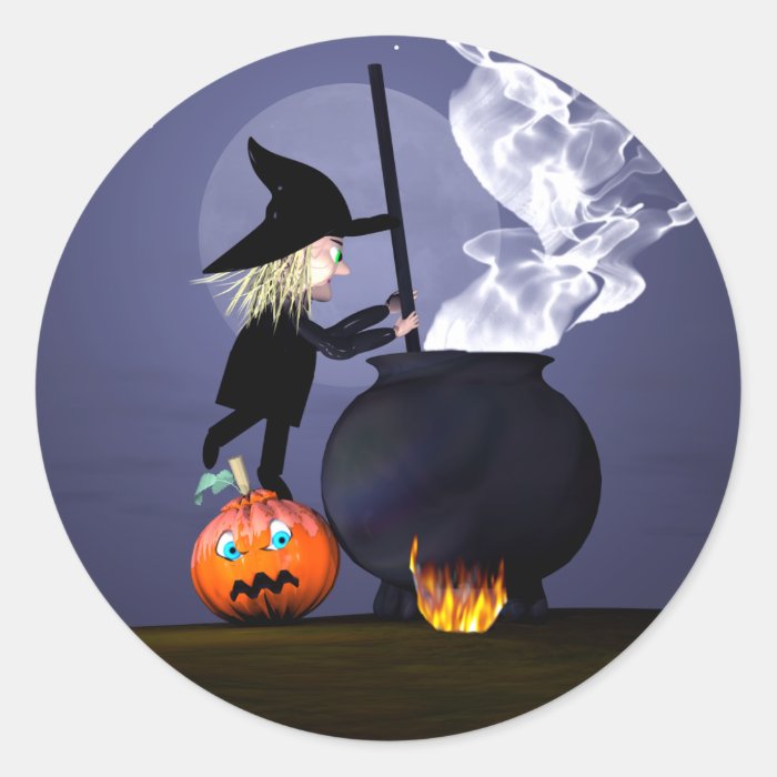 Halloween Witch and Cauldron Round Sticker
