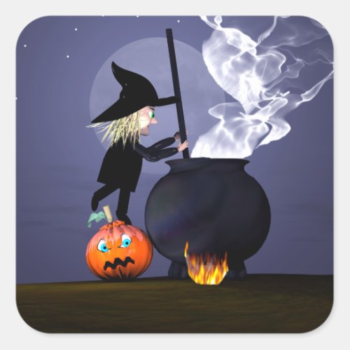 Halloween Witch and Cauldron Square Sticker