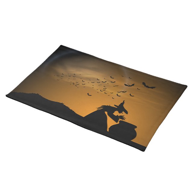 Halloween Witch and Cauldron with Bats Cloth Placemat (On Table)