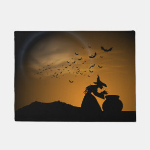 Halloween Witch and Cauldron with Bats Doormat