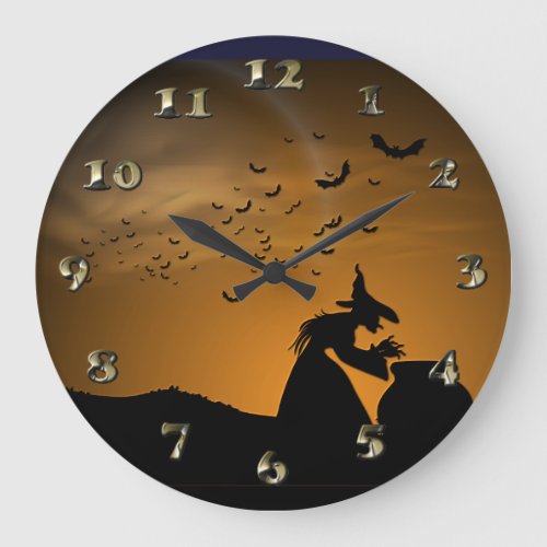 Halloween Witch and Cauldron with Bats Large Clock