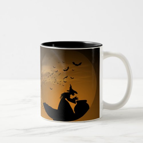 Halloween Witch and Cauldron with Bats Two_Tone Coffee Mug