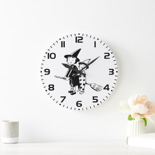 Halloween Witch and Clown Riding Broomstick Large Clock