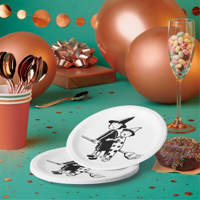 Halloween Witch and Clown Riding Broomstick Paper Plates (Creator Uploaded)