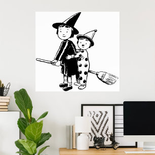 Halloween Witch and Clown Riding Broomstick Poster