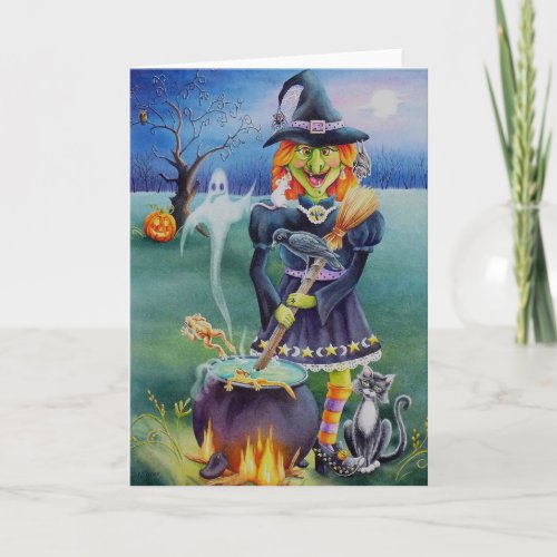 Halloween Witch and Critter Friends Watercolor Art Card