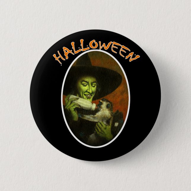 Halloween Witch And Flying Monkey Button (Front)