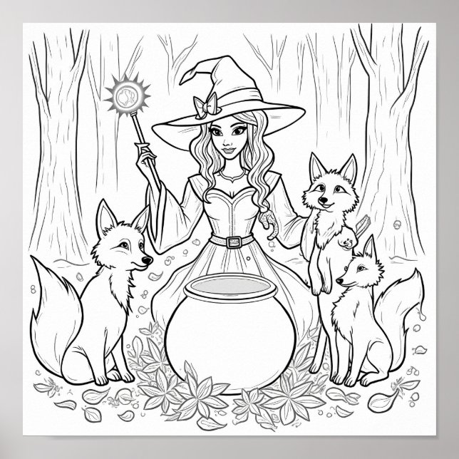 Halloween witch and foxes coloring page poster (Front)