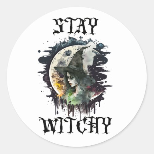 Halloween Witch and Full Moon Classic Round Sticker