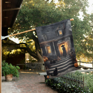 Halloween Witch and Haunted House House Flag