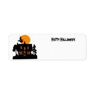 Halloween witch and haunted house label