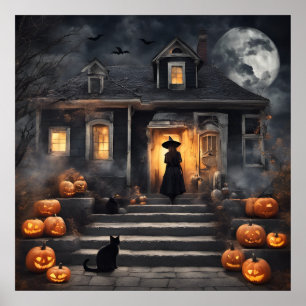 Halloween Witch and Haunted House Poster