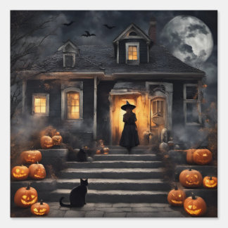 Halloween Witch and Haunted House Sign
