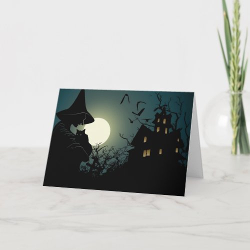 Halloween witch and hounted house card