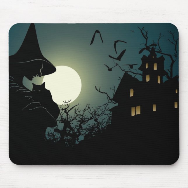Halloween: witch and hounted house mouse pad (Front)