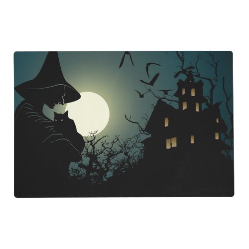 Halloween witch and hounted house placemat