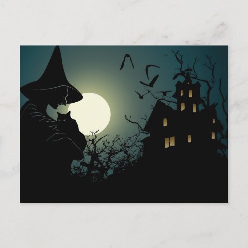 Halloween witch and hounted house postcard