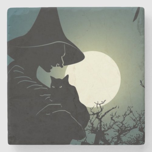 Halloween witch and hounted house stone coaster