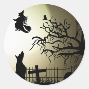 Halloween Witch and Howling Dog Classic Round Sticker