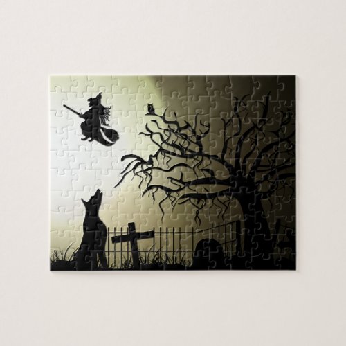 Halloween Witch and Howling Dog Jigsaw Puzzle