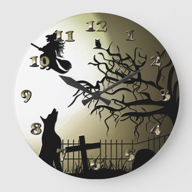 Halloween Witch and Howling Dog Large Clock (Front)