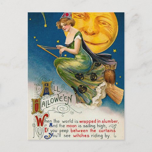 Halloween witch and moon Vintage Holiday postcard