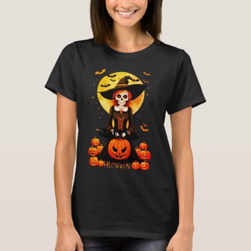 Halloween witch and orange pumpkin t_shirt 