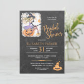 Halloween witch and pumpkin bridal shower party invitation (Standing Front)