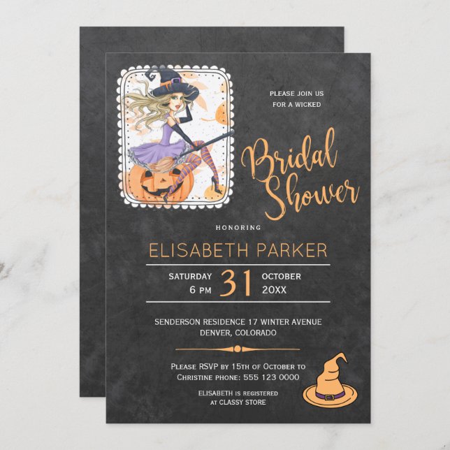 Halloween witch and pumpkin bridal shower party invitation (Front/Back)