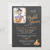 Halloween witch and pumpkin bridal shower party invitation (Front)