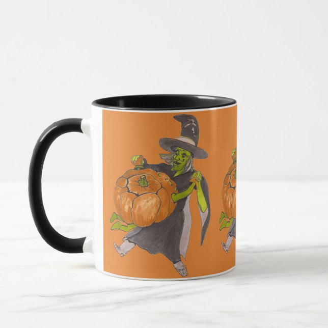 Halloween Witch and Pumpkin Dance Funny Designed Mug (Left)