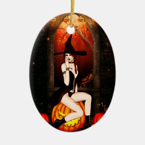 Halloween Witch and pumpkins Ceramic Ornament
