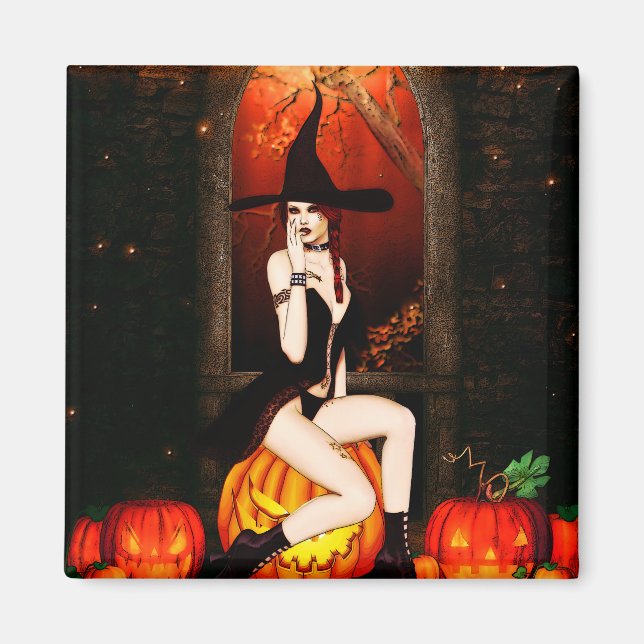 Halloween Witch and pumpkins Magnet (Front)