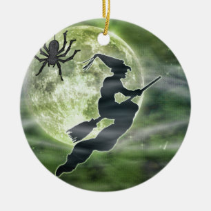 Halloween Witch and Spider Ceramic Ornament