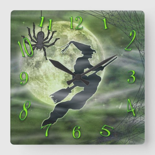 Halloween Witch and Spider Square Green Square Wall Clock